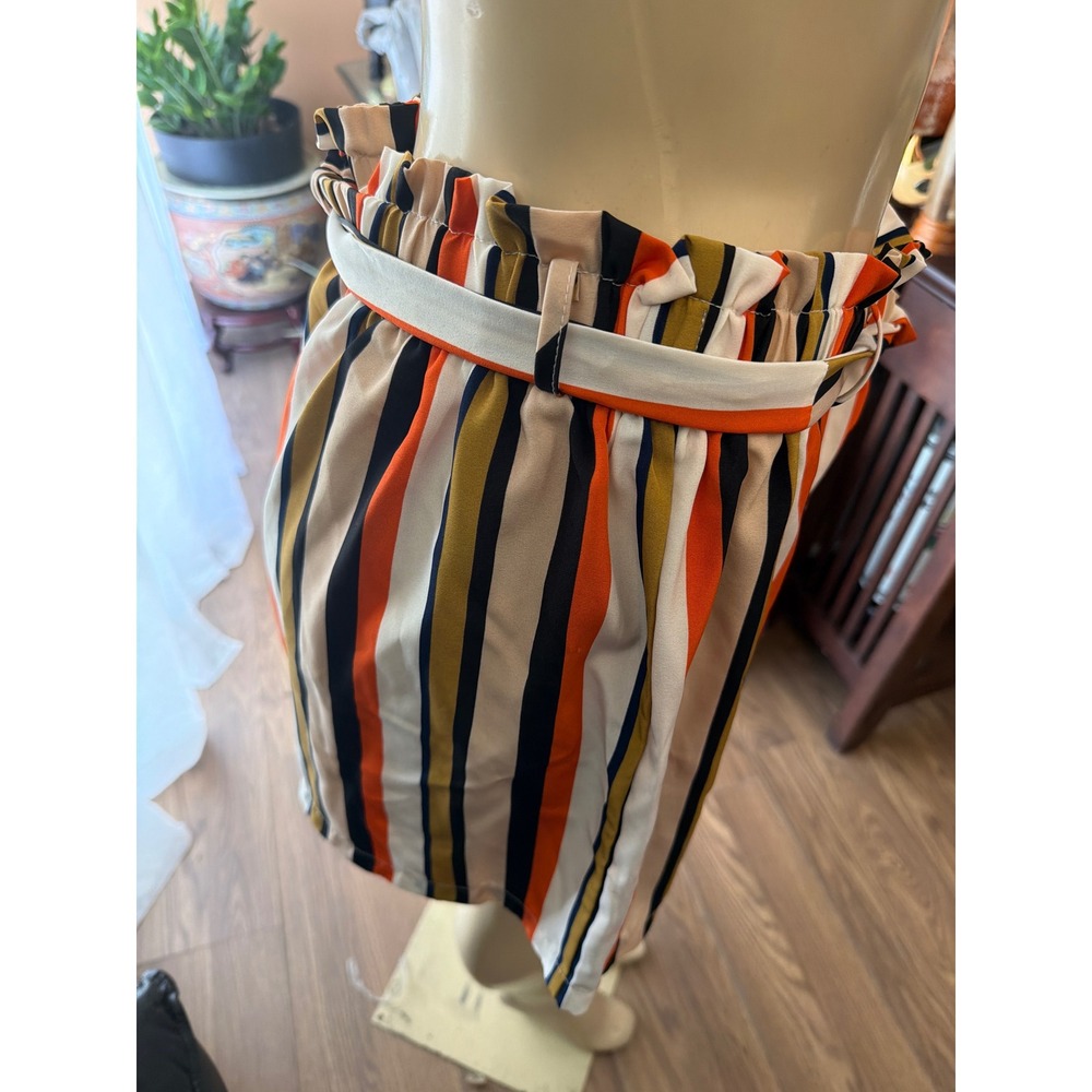Shein Curve Striped Paperbag Waist Shorts Orange Yellow Black White 2XL - Picture 2 of 6